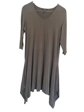 GUC Eileen Fisher Olive Jersey Knit V neck Handkerchief Hem Dress